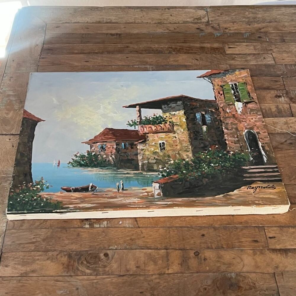 Original Oil Painting Coastal Scene Mediterranean-style Architecture Signed